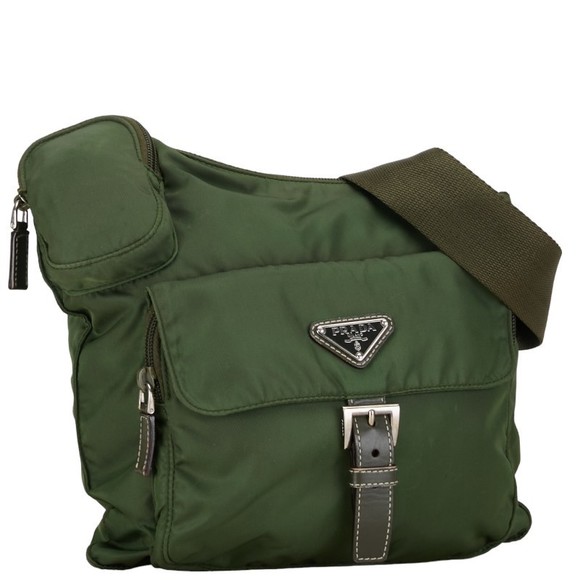 Prada Triangle Green Shoulder Nylon Plate Khaki Bag - Picture 1 of 10